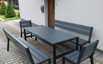 Stół ogrodowy "loft" 2 ławki 2 fotele metal+drewno