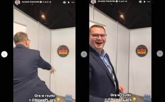 Flaga Niemiec czy karykatura diabła? W co burmistrz Jarosław Szlachetka celował rzutkami podczas konwencji PiS?