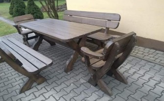 Meble ogrodowe drewniane zestaw stół 2 ławki 2 fotele