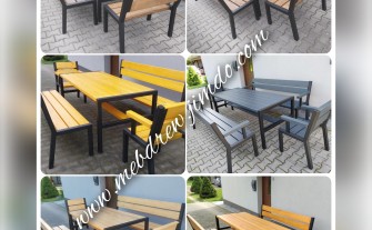 Meble ogrodowe loft drewno metal 2 ławki 2 fotele zestaw